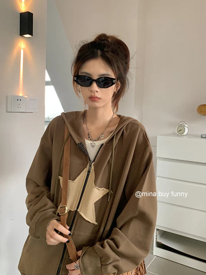 nvxiot Womens Clothing coffee color Harajuku Street Sweatshirt Hoodie Star Printing Long Sleeves Casual Warm Baggy Ladies Tops Autumn