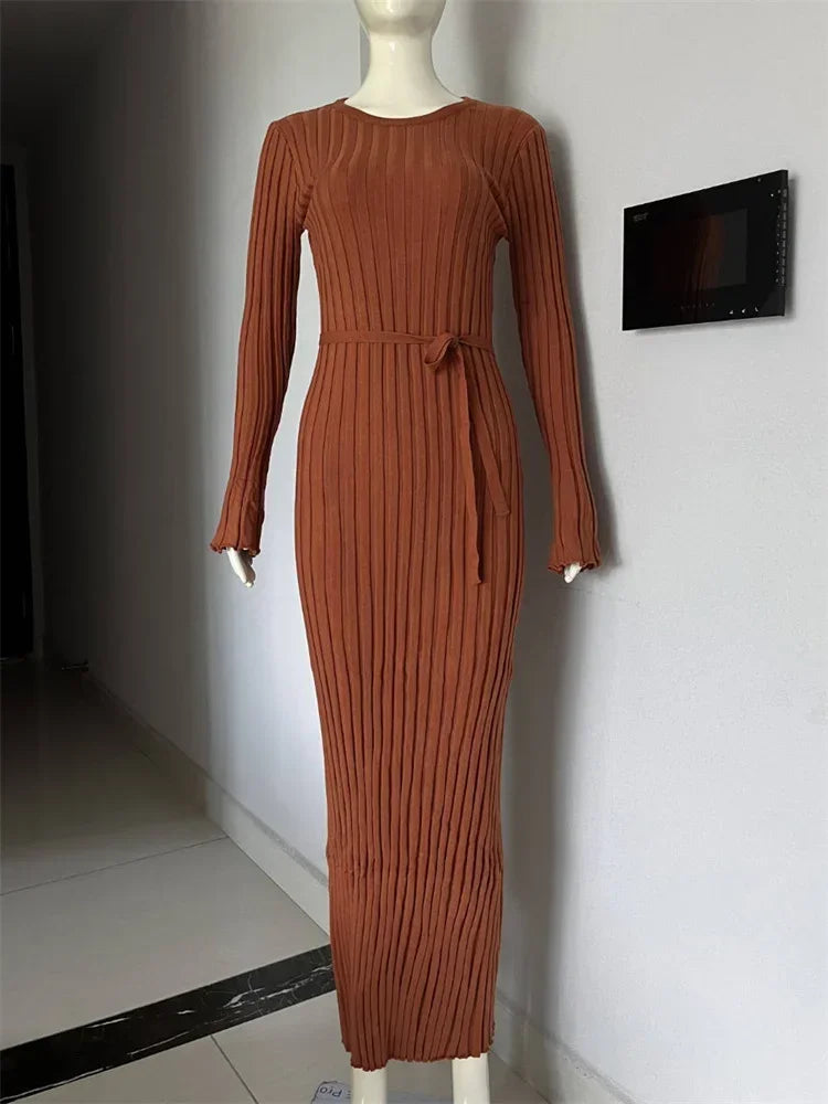 nvxiot Lace-Up Female Knit Maxi Dress Autumn High Waist Fashion Patchwork Long Sleeve Loose Solid Dress Bandage Knitwear Dress