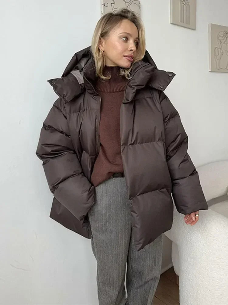 nvxiot  -  Fall Winter Solid Hooded Thick Warm Loose Bread Down Coat For Women Casual Coats Highstreet Feather Parkas Outerwear Lady 2024