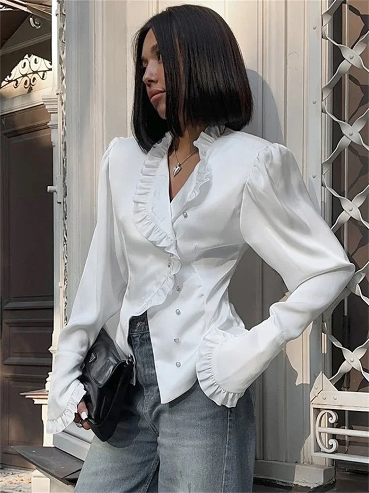 nvxiot  -  Fall Outfits 2024 White Ruffled Vintage Shirts For Women Patchwork V-Neck Long Sleeve Autumn 2024 Elegant Streetwear Female Cardigan Blouses