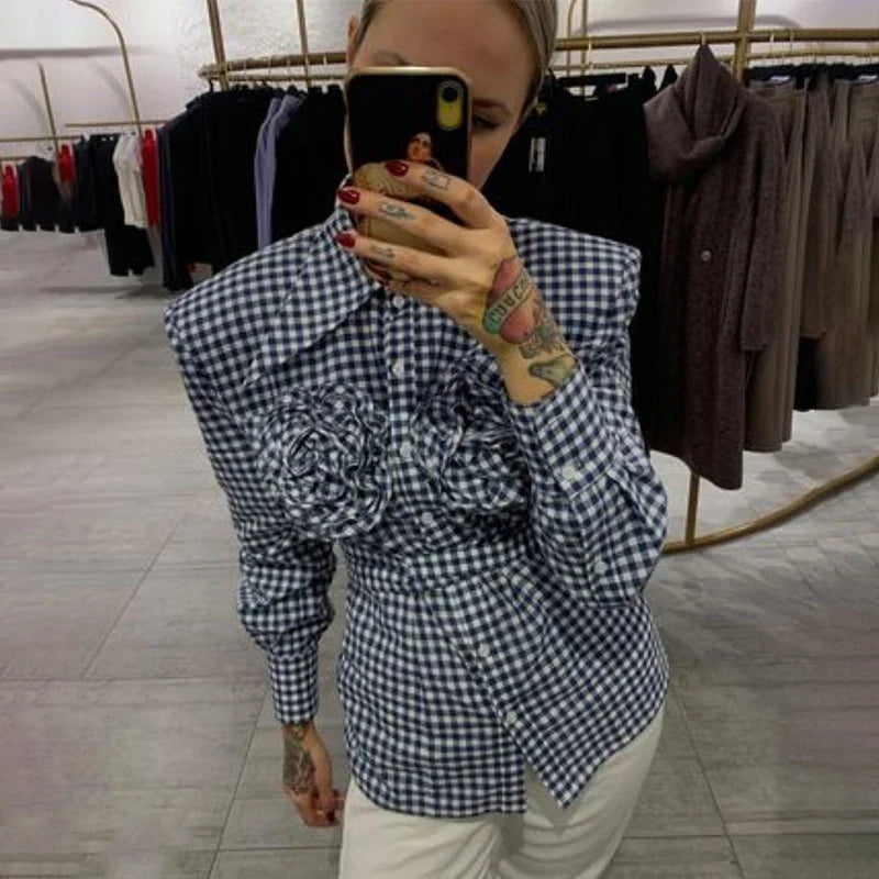 nvxiot Fashion Button -Up With Three-Dimensional Flower Shirts & Blouses Streetwear Long Sleeve Plaid Full Shirt Women Chic Tops