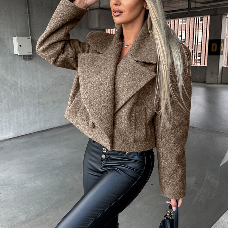 nvxiot Winter Elegant Button Solid Office Outwear Trend Wool Turn-down Collar Coats Autumn Women Casual Long Sleeve Woolen Jackets Top