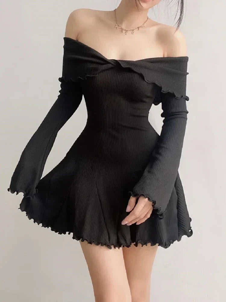 nvxiot-2024 New Retro Gothic Elegant Dress Women Aesthetic Fairy Edible Tree Fungus The Shoulder Long Sleeve High Waist A-line Dresses