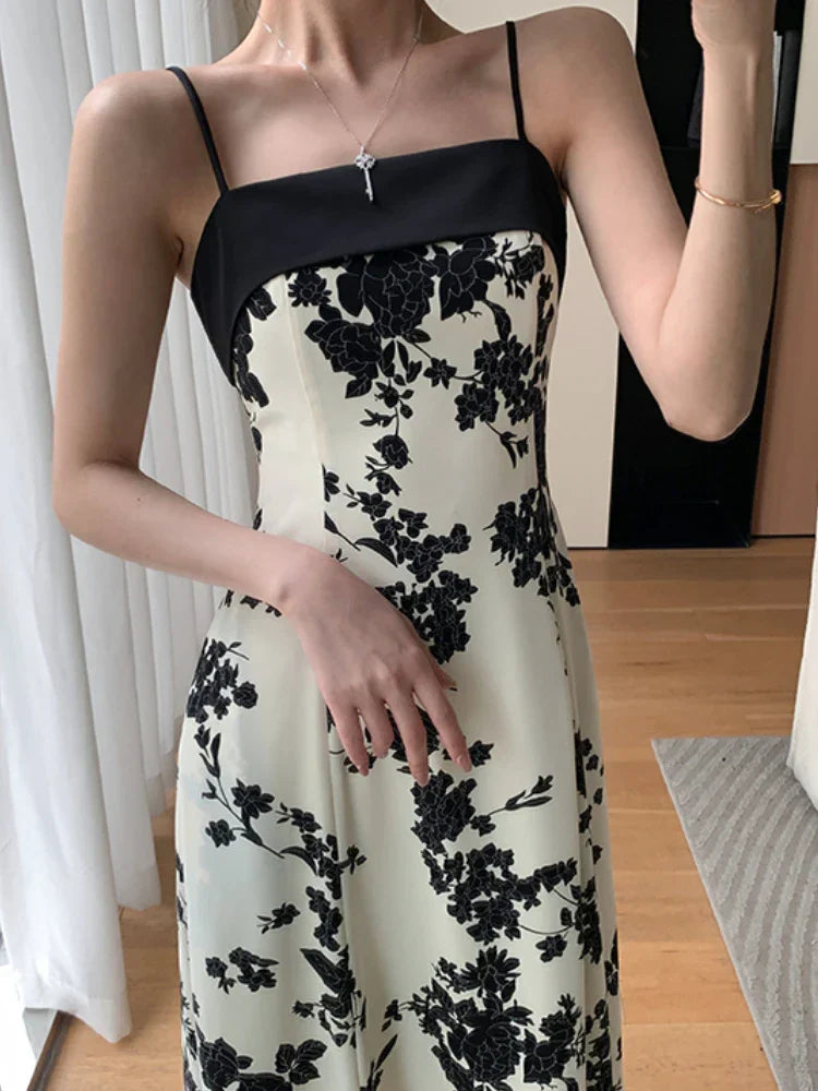 nvxiot-New Summer 2023 Long Print Dress for Women Korean Elegant Fashion Sexy Sleeveless Spaghetti Strap Evening Female Clothes