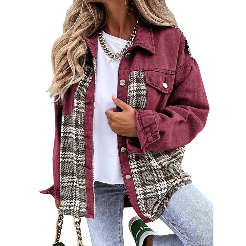 MQTIME  -   2024 New Autumn Women Button Coat Spring Irregular Tops Outwear Mujer Vintage Fashion Plaid Print Patchwork Denim Jacket Elegant