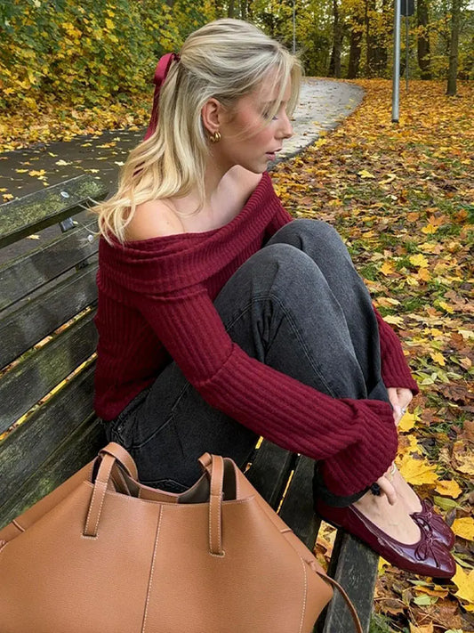 nvxiot Vintage Red Off Shoulder Sweater For Women Elegant Slash Neck Flare Sleeve Warm Knitted Pullover Autumn Lady Elegant Knitwear