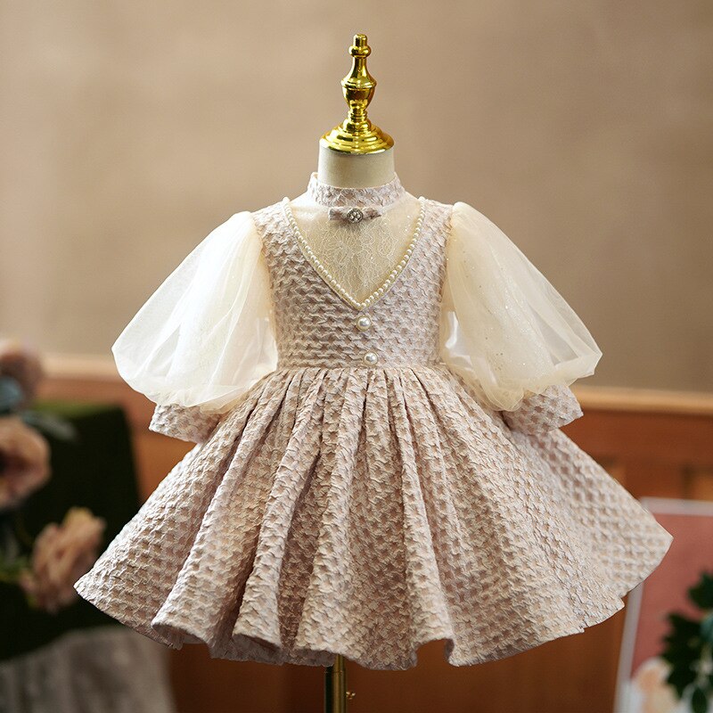 nvxiot Baby Girls Princess Ball Gowns Infant Girl Patchwork Lace Puff Sleeves Beading Midi Dress Children Elegant Cute Party Wear