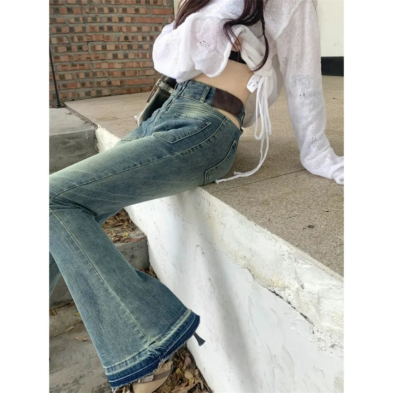 nvxiot Low Waist Hollow Y2K Sexy Slim Distressed Jeans Women Autumn New High Street Fashion All Match Washed Wide Leg Pants