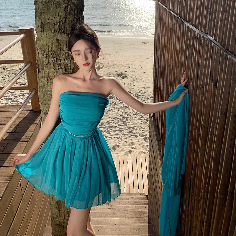 MQTIME  -  New Summer Strapless Short Dresses for Women with Long Ribbon High Waist A-line Beach Style Party Dress One Piece Vestido Mujer