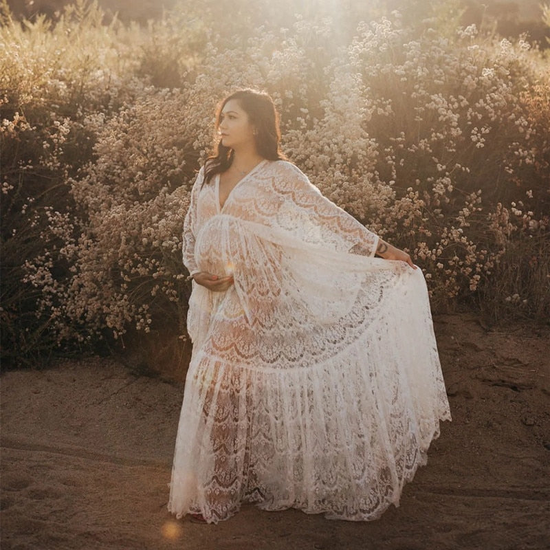 nvxiot See Through Lace Maternity Photo Shoot Long Dresses Boho Pregnancy Lace Dresses