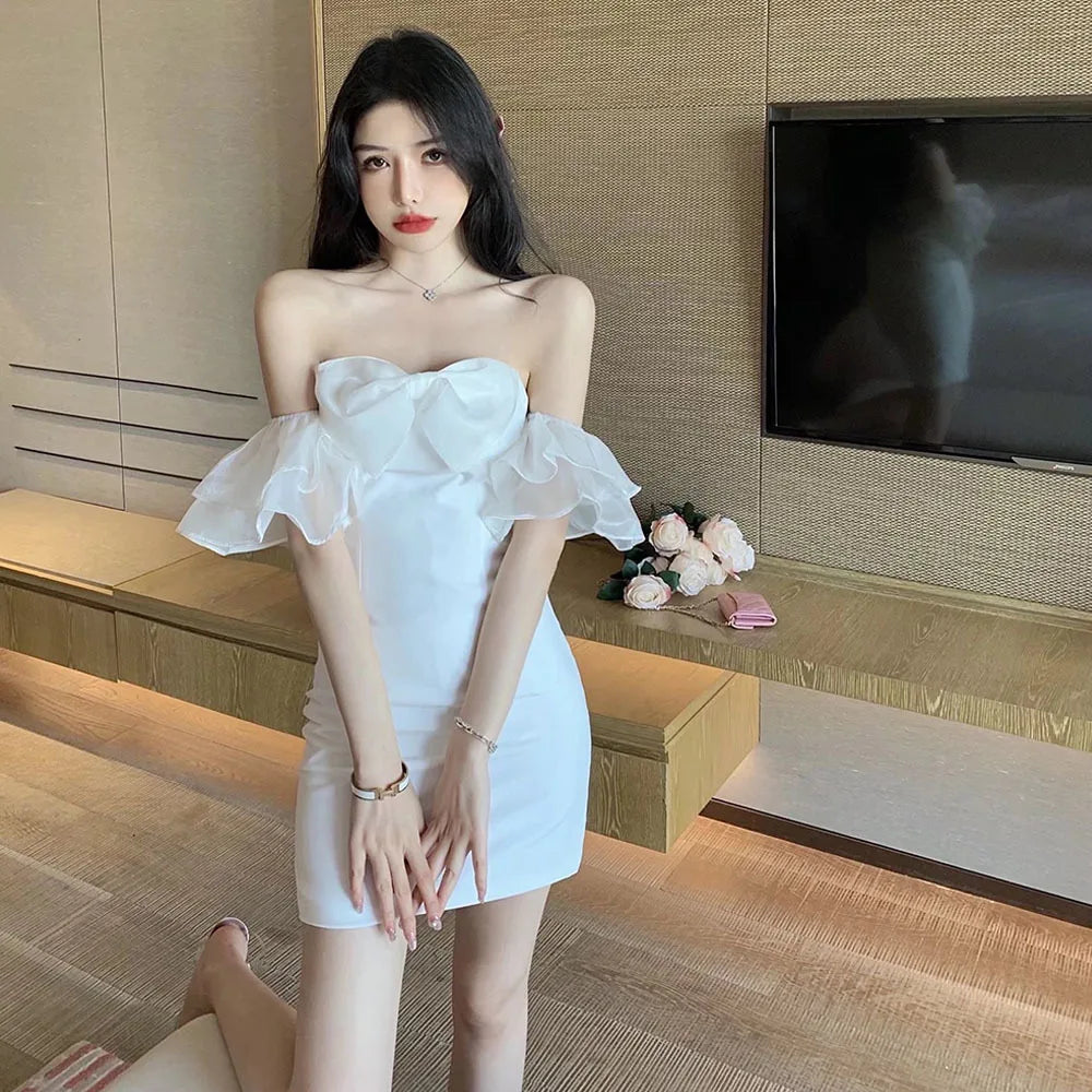 nvxiot Summer New One-word Collar Women's Dress Sexy Off Shoulder Puffy Yarn Party Dresses Bow Tube Top White Fashion Mini Dress