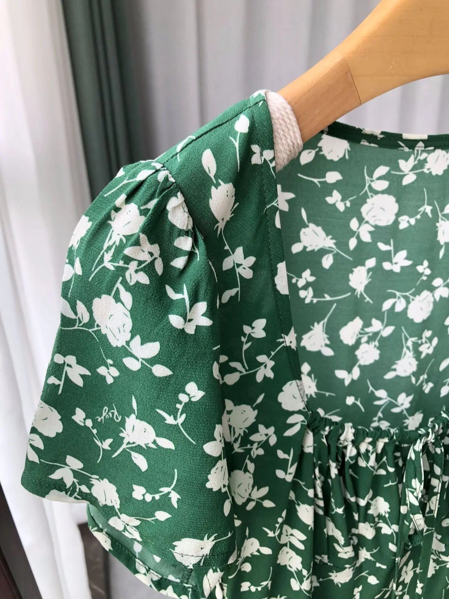 nvxiot Women Short Sleeve 100% Viscose Mid-Length Dress Casual A-Line Summer New Female Square Collar Green Print Long Robe