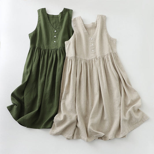 nvxiot V-Neck Vest Dress Japanese Style Loose Solid Cotton Linen Summer Dresses Sleeveless Women A-Line Vestidos Button U225