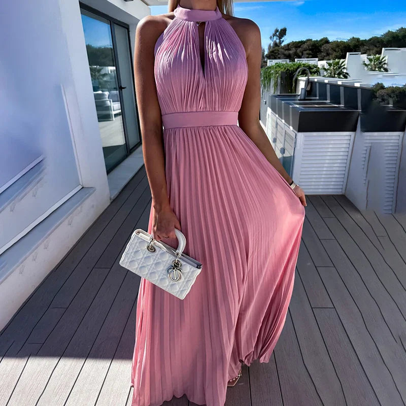 nvxiot elegant O-Neck Pleated Hollow Out Summer Dresses For Women Sexy Sleeveless Holiday A-Line Party Long Dress Vestidos