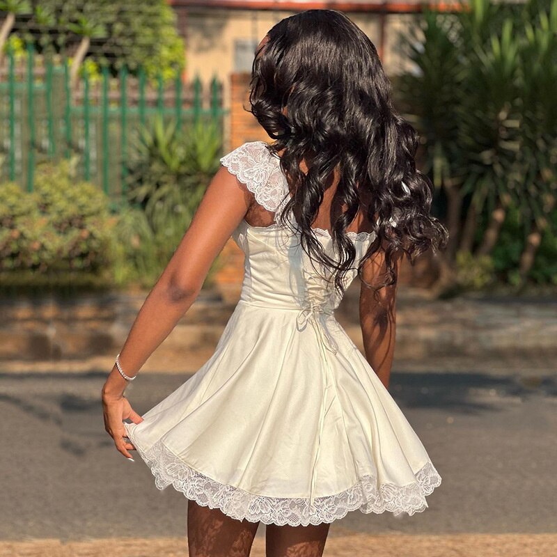 nvxiot  White Lace Ruffle Backless Sexy Dress Women Bandage Pleated Mini Summer Dress Elegant Princess Casual Dresses Vestidos