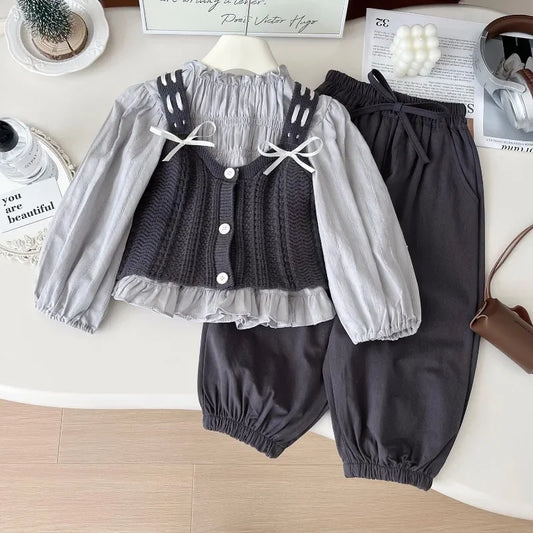 nvxiot  -  3Pcs Girls Clothes Sets Autumn Spring Long Sleeve Shirt+Knitted Vest+Pants Children Casual Clothing Suits Kids Outfits Set 2-7Y