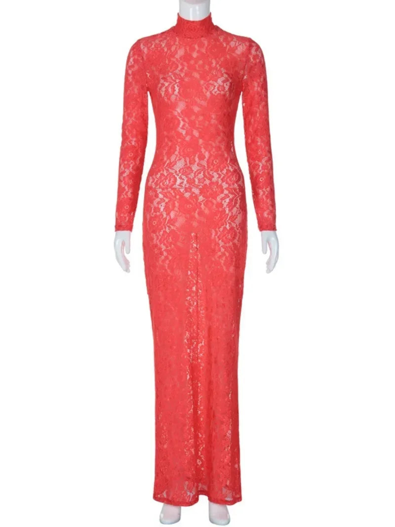 nvxiot Elegant Sexy See-through Red Lace Evening Dresses for Women 2024 Spring High Waist Hollow Out Bodycon Wedding Party Prom Dress