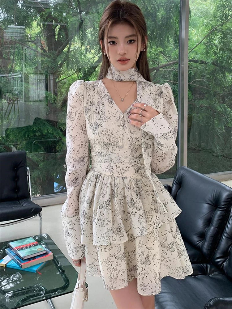 nvxiot-New Floral Women Slim Midi Dresses 2023 New Autumn Streetwear Long Sleeved V-neck Vintgae Elegant Ladies Waist Dress Korean