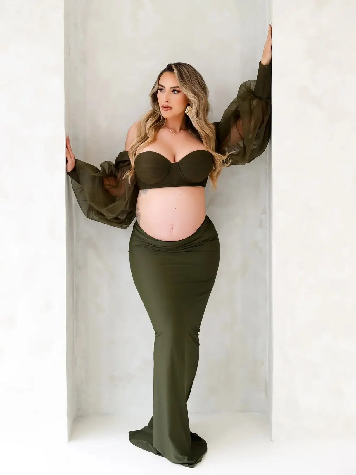 MQTIME  -  Blackish Green Tulle Maternity Photography Dress Set Off-shoulder Plus Size Sexy Pregnancy Gown for Women Photoshoot 2024