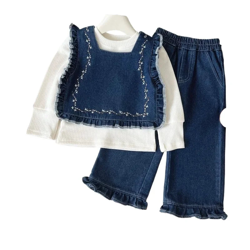 MQTIME  -  Girls Clothes Sets Autumn Spring Knitted Shirt+Denim Vest+Jeans Children Clothing Suits Fall Girls Outfits Set 2 3 4 5 6 7Yrs