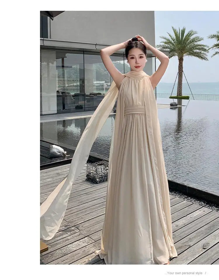 nvxiot  -  French Beige Elegant Vacation Halter Backless Birthday Party Pleated Fairy Dress A Line Prom Evening Gowns Long Dresses Summer