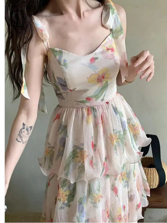 nvxiot Summer Sweet Printed Floral Cake Dress Women Elegant Strap Ruffles Evening Party Dress Female Korean Chic Holiday Vestidos