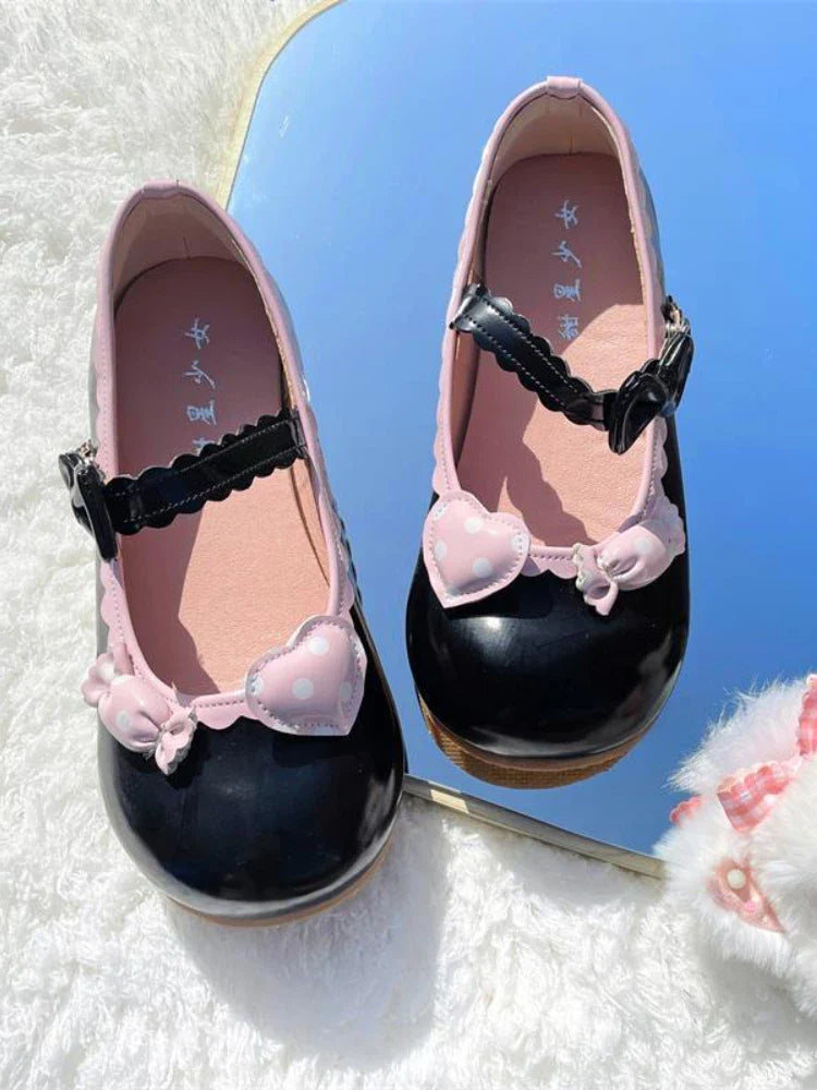 MQTIME  -  Japanese Kawaii Mary Janes Shoes Women Heart-shaped Sweet Lolita Flats Shoes Ladies Shallow Bow Chic Casual Shoes 2024 Summer