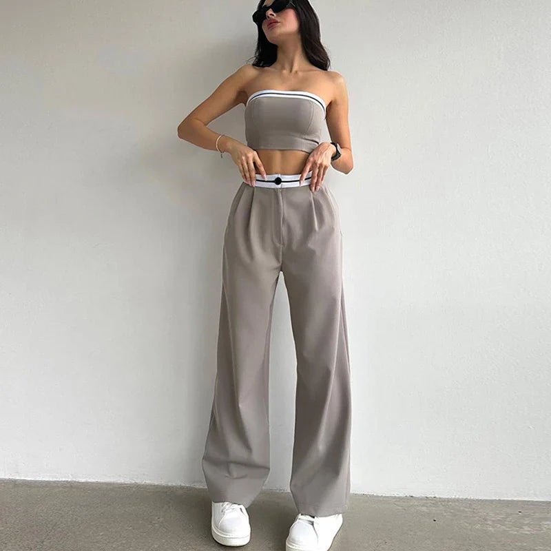 nvxiot Women Matching Colors Patchwork Strapless Crop Top Wide Leg Pants Two Piece Set Summer Elegant Ladies High Waist Trousers Suits