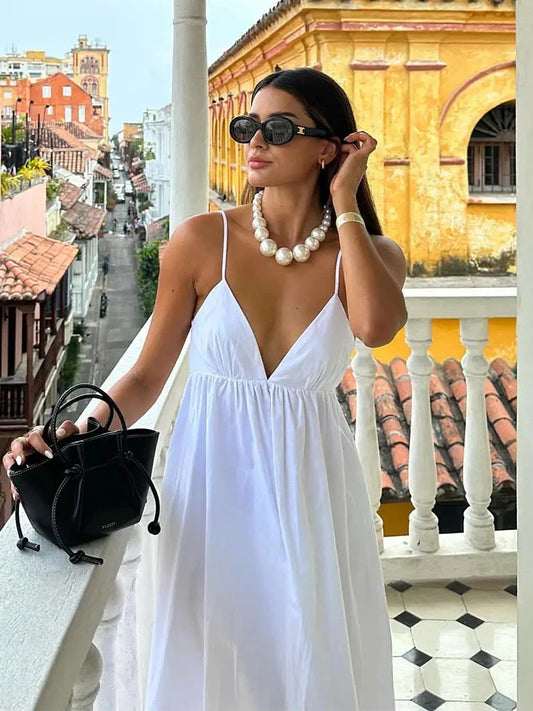 nvxiot White Women Sundress Backless Sexy Casual Beach Vestidos Maxi Long A-line Fashion Holiday New Dress