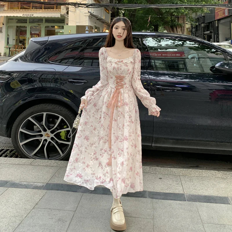 nvxiot  -  2024 Large Spring French Vintage Sweet Fragmented Flowers High Waist Slimming Chiffon Embroidered Dress Long sleeved Long Skirt