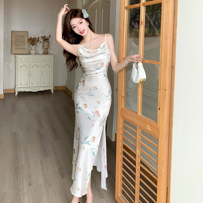 nvxiot  -  2024 Summer New Retro Folded Split Printed Satin Sling Dress Women's Feeling Swinging Neck Fragmented Flower Long Dress