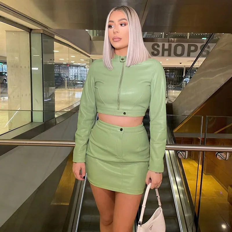 nvxiot Women PU Leather Skirts Two Piece Sets Green Party Dress Long Sleeve Jacket Coats and Mini Skirts Suits 2024 New Club Outfits