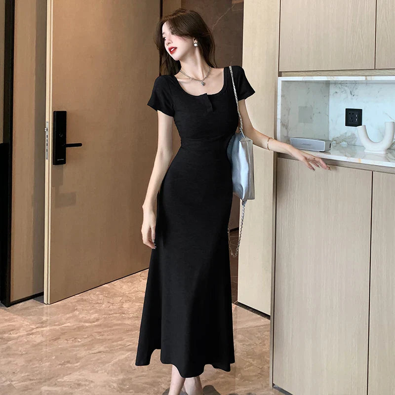 MOJOYCE-Solid Simple Bodycon Dresses for Women 2024 Midi Square Neck Short Sleeve Office Lady Vestidos Waist Black Dress Party Birthday