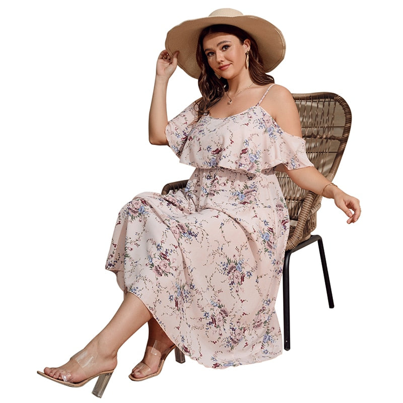 nvxiot Floral Print Cold Shoulder Ruffle Trim Dress Plus Size Women's Summer High Waist Cami Even Dress