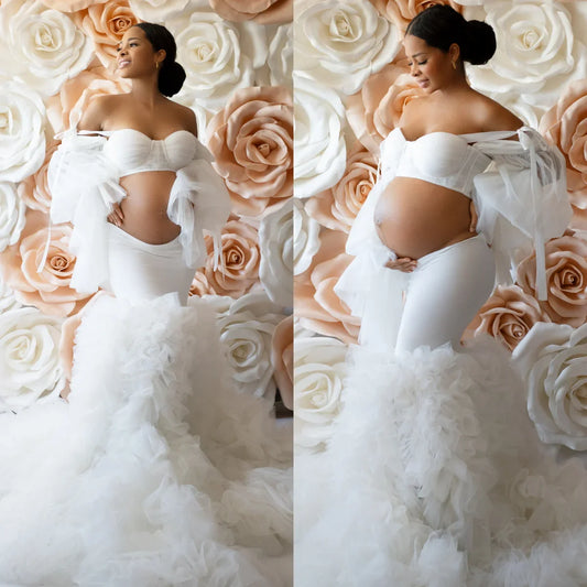 nvxiot  -  White Two Pieces Prom Dresses Pregnancy Babyshower Outfit Robe Wedding Party Dresses for Women Birthday Event Photoshoot Dress