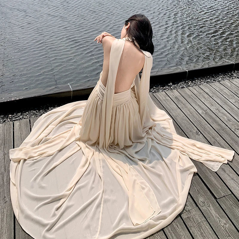 nvxiot  -  French Beige Elegant Vacation Halter Backless Birthday Party Pleated Fairy Dress A Line Prom Evening Gowns Long Dresses Summer