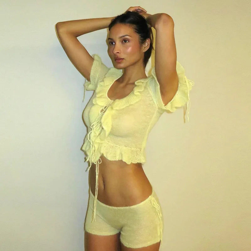 nvxiot  - Ruffles Knitted Two Piece Set Women Lace Up Ribbon Short Sleeve Shirts Crop Top Matching Shorts Summer Casual Streetwear Suits