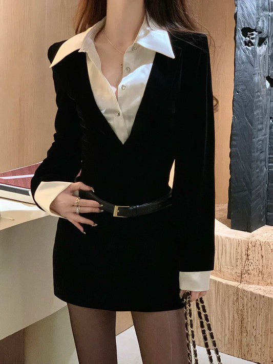 nvxiot-Spring Black Elegant Dress Women Sexy Patchwork Y2K Designer Mini Dress Female Casual Korean Fashion Slim Party Dress 2024 New