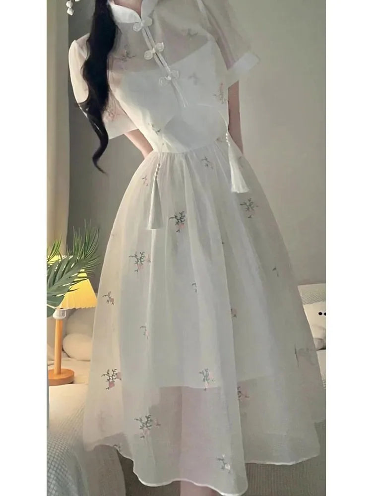 nvxiot-Dress Sets Summer Women Chinese Style Floral Hight Waist Mesh Midi Dresses Elegant Casual Gentle Wind Female Dress Vestidos