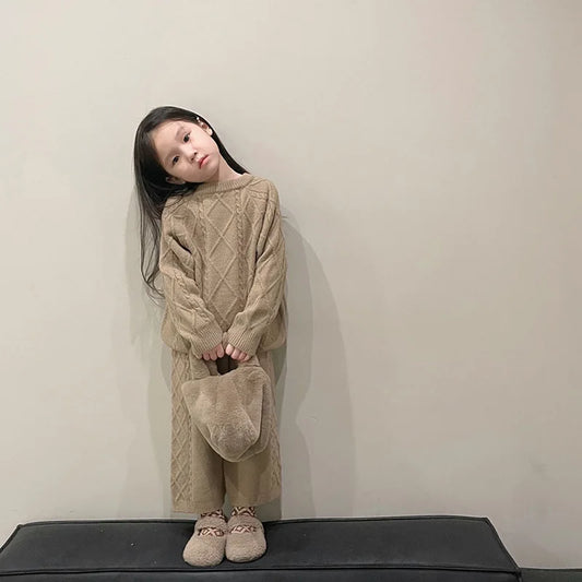 nvxiot  -  Autumn Clothing Set Brief Knit Pullover and Wide Leg Pants 2 PCs Girls Sweater Suit