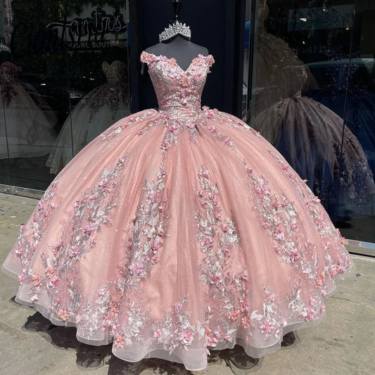 MQTIME  -   Mexican Pink Quinceanera Dresses Handmade 3D Floral Applique Birthday Princess Formal Ball Gowns