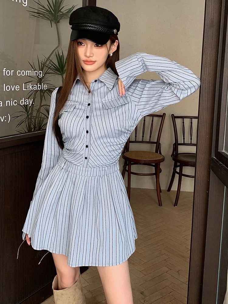 nvxiot-Elegant Vintage Blue Striped Women Mini Dresses Autumn Fashion 2023 New Pleated Long Sleeve Holiday Party Shirt Dress Korean