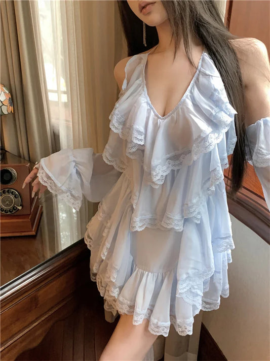 MQTIME  -  Summer Chiffon Dress for Women Princess Style Lace Ruffles Cold Shoulder Long Sleeve DressV-nekc Loose Casual Short Cake Dresses