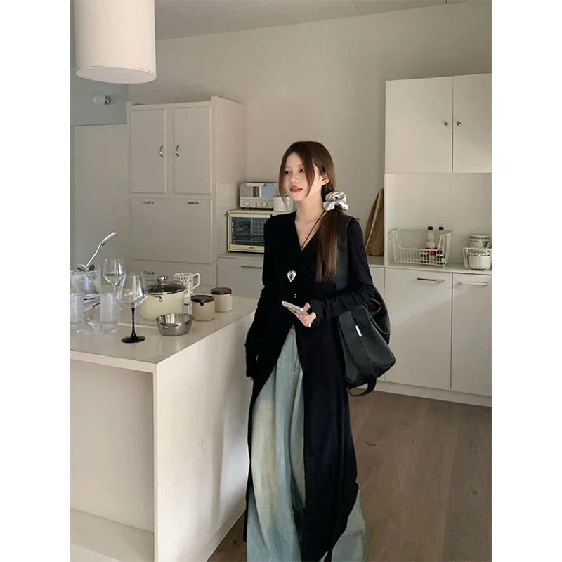 nvxiot Streetwear Black Midi Dress Women Y2K V Neck Tunic Robe Korean Fashion Long Sleeve Slim All Match One Pieces Dresses New