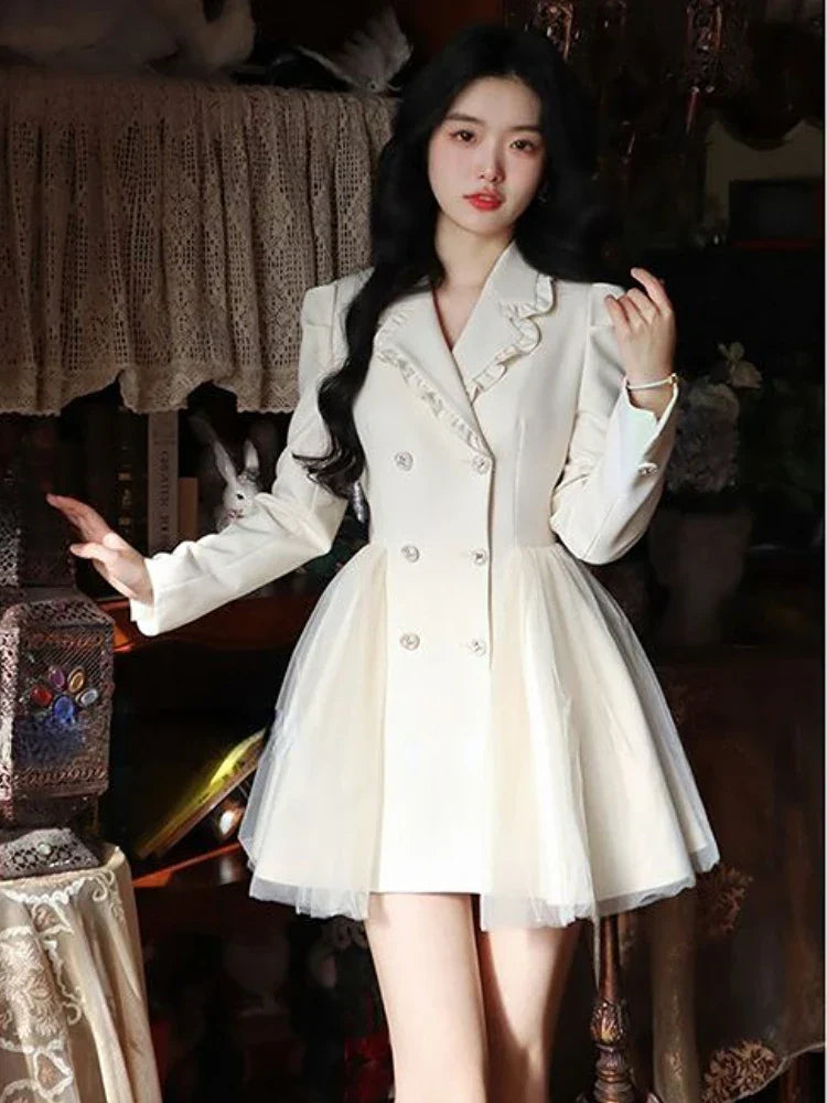 nvxiot-Spring Elegant Blazer Dress Women Lace Patchwork Party Mini Dress Female Button Casual Korean Fashion Y2K Bow Kawaii Dress 2024