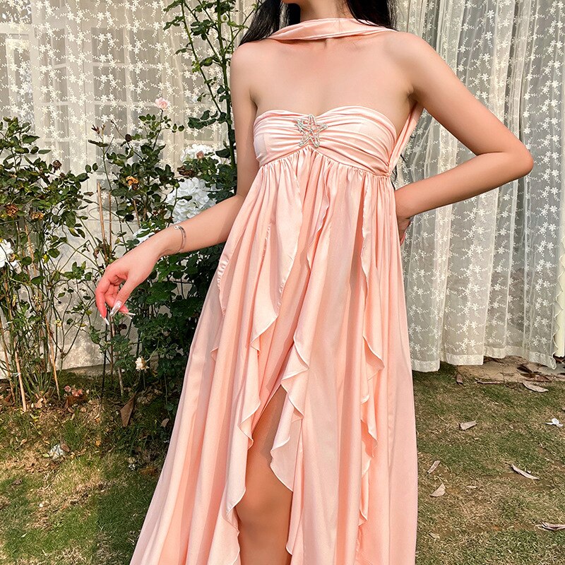 nvxiot Y2K Ruffles Fairy Dress Women Pink Mesh Strapless Maxi Dress Summer Irregular Sexy Backless Party Dress 2023 Summer Beach Outfit