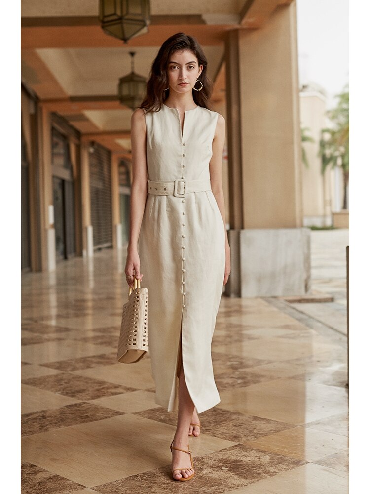 nvxiot Apricot Sashes High-end Long Dresses for Women 2023 Spring Summer Elegant  Office Lady Sleeveless Pockets A-Line Button Dress