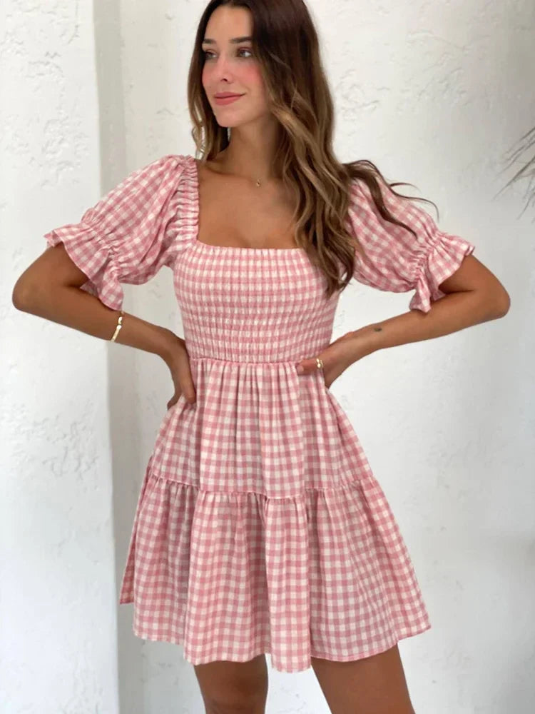 nvxiot Square Collar Gingham Printed Women Casual Summer Short Dress Puff Sleeve A-line Pink Cute Fashion Outfit Vestidos