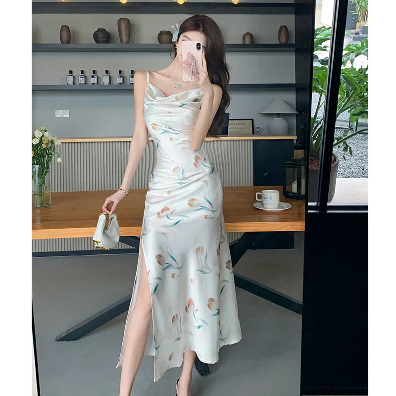 nvxiot  -  2024 Summer New Retro Folded Split Printed Satin Sling Dress Women's Feeling Swinging Neck Fragmented Flower Long Dress