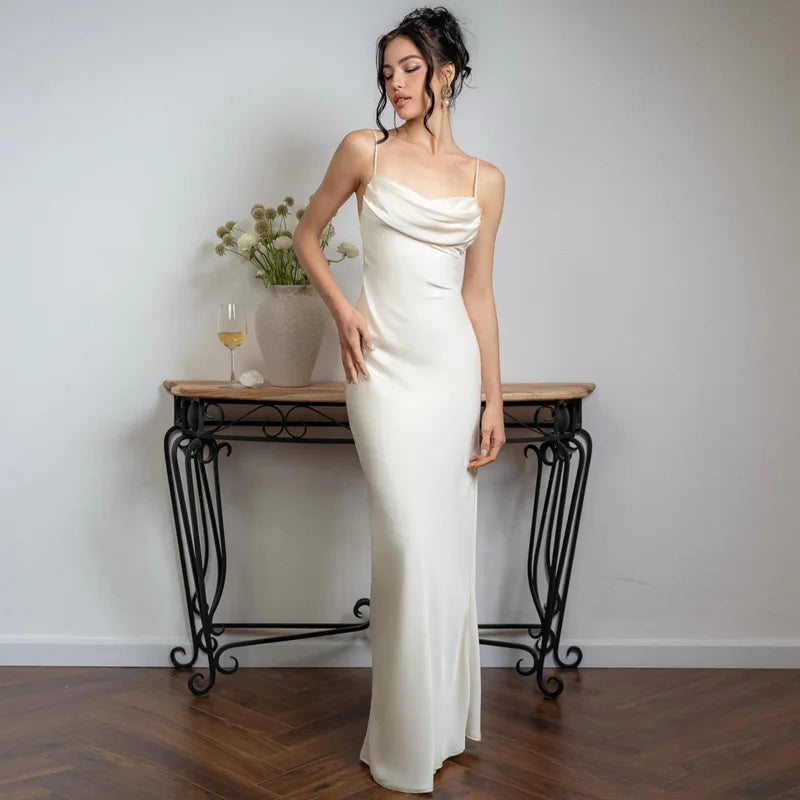 nvxiot-Elegant White Satin Long Dress for Women Sexy Spaghetti Straps Backless Dress 2024 Fashion V-neck Holidays Party Dresses